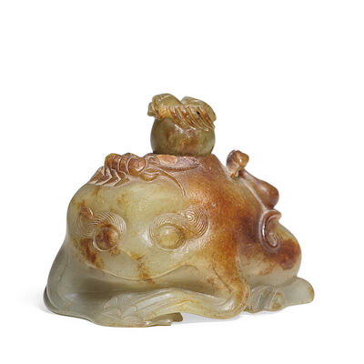 A CELADON AND RUSSET JADE 'FIVE POISONS' WATERPOT AND COVER Qing Dynasty (3)