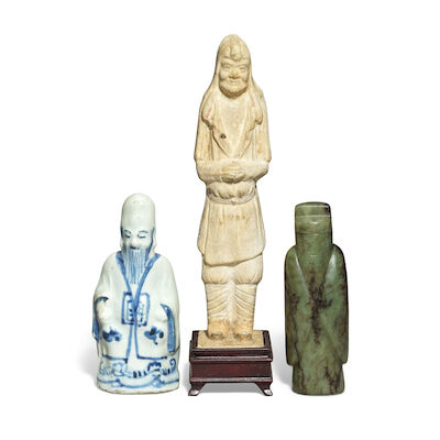 A STRAW-GLAZED WARRIOR FIGURE, A BLUE AND WHITE FIGURE OF SHOULAO AND A CARVED JADE STANDING FIGURE Sui Dynasty, and later (4)