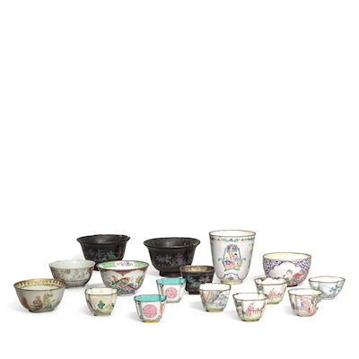 A COLLECTION OF PAINTED ENAMEL, FAMILLE ROSE, AND MOTHER-OF-PEARL INLAID BLACK LACQUER CUPS 18th century (16)