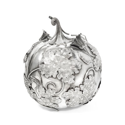 A CHINESE EXPORT SILVER 'PUMPKIN' TEA CADDY AND COVER 19th century (2)
