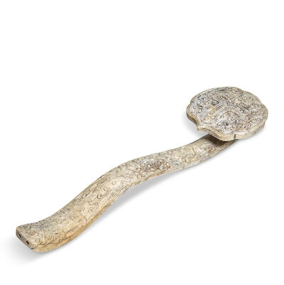 A CARVED ARCHAISTIC CHICKEN BONE JADE RUYI SCEPTRE 19th century