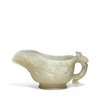 A LARGE CARVED ARCHAISTIC JADE POURING VESSEL 19th century