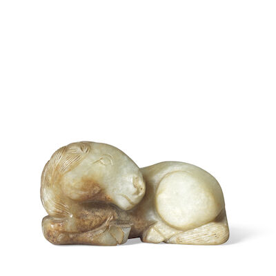 A PALE GREEN AND RUSSET JADE 'HORSE' CARVING 18th century (2)