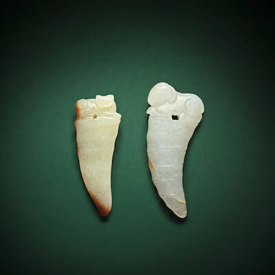 TWO JADE 'SILKWORM AND ANIMAL' KNOT LOOSENERS, XI 17th/18th century (2)