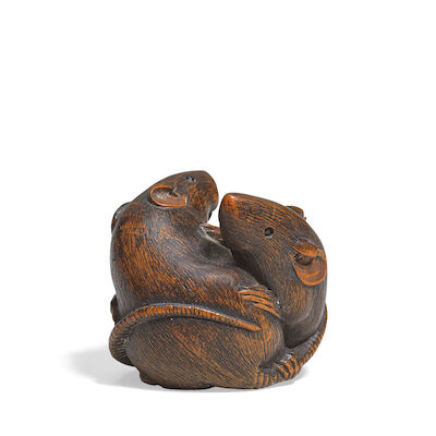 A BOXWOOD NETSUKE OF TWO RATS By Haruujii, Meiji period
