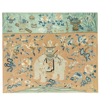 AN APRICOT-GROUND EMBROIDERED SILK 'ELEPHANT' PANEL 18th/19th century