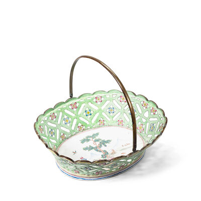 A RARE PAINTED ENAMEL 'VALENTINE PATTERN' RETICULATED BASKET 18th century