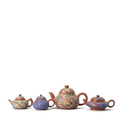FOUR ENAMELLED YIXING TEAPOTS Qing Dynasty (8)