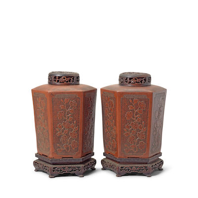 A PAIR OF LARGE YIXING STONEWARE 'PEONY' TEA CANISTERS 18th century (6)