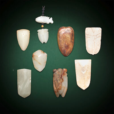 A GROUP OF EIGHT JADE AND HARDSTONE CICADAS Han Dynasty (8)