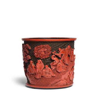 A RARE CARVED CINNABAR LACQUER 'EIGHTEEN LUOHANS' BRUSHPOT, BITONG Qianlong (2)
