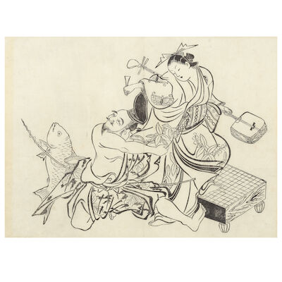 OKAMURA MASANOBU (1686-1764) Ebisu flirting with a courtesan, c.1710