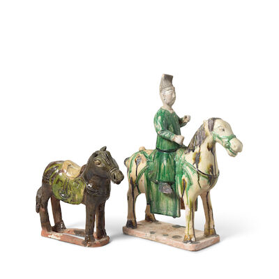 A SANCAI-GLAZED RIDER AND A GREEN-GLAZED HORSE Ming Dynasty