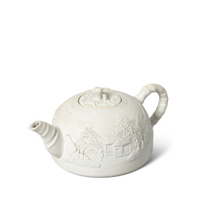 A WHITE BISCUIT MOULDED 'LANDSCAPE' TEAPOT AND COVER Wang Binrong mark, late Qing Dynasty (2)