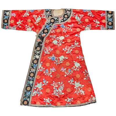 A RED-GROUND SILK EMBROIDERED LADY'S ROBE, CHANGYI Late Qing Dynasty