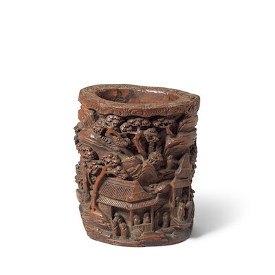 A CARVED BAMBOO 'MOUNTAINOUS LANDSCAPE' BRUSH POT, BITONG 19th century
