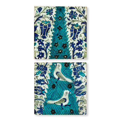 Two Damascus underglaze-painted pottery tiles Syria, 17th Century(2)