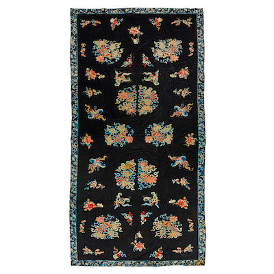 A BLACK SILK SATIN-STITCH GROUND EMBROIDERED FLORAL PANEL 18th/19th century