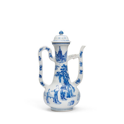 A RARE BLUE AND WHITE 'CHANG'E HOLDING THE MOON RABBIT' EWER AND COVER Chenghua six-character mark, Kangxi (2)
