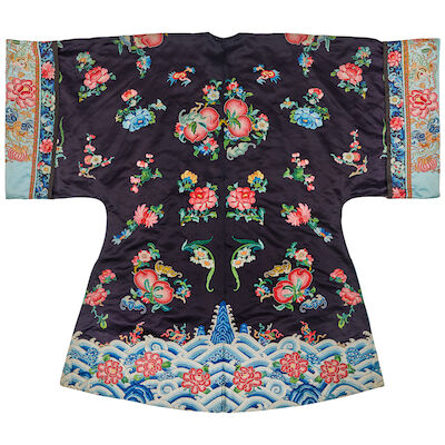 A MIDNIGHT BLUE GROUND SILK EMBROIDERED LADY'S ROBE, GUA 19th century