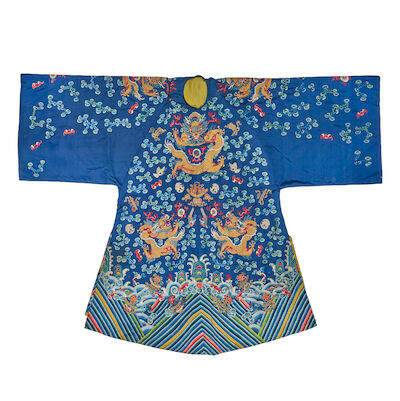 A BLUE-GROUND INFORMAL 'DRAGON' ROBE, MANG'AO Mid-19th century