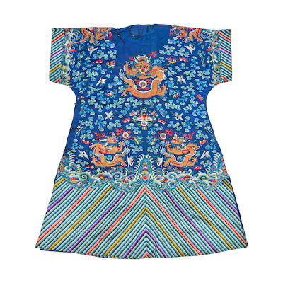 A BLUE-GROUND SILK EMBROIDERED DRAGON ROBE, JIFU Late Qing Dynasty