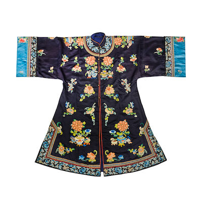 A MIDNIGHT BLUE GROUND EMBROIDERED LADY'S ROBE 19th century