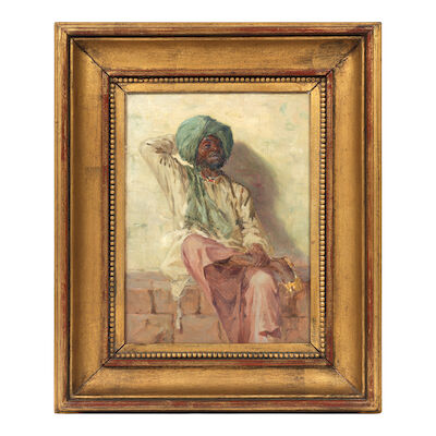 Hugo Vilfred Pedersen (Danish, 1870-1959) A Jat Sikh farmer, seated on a stone wall
