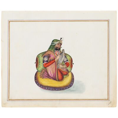 Maharajah Sher Singh seated holding a hawk; a heavily-armed Akali Nihang with his wife and child Punjab, probably Lahore, circa 1850-70(2)