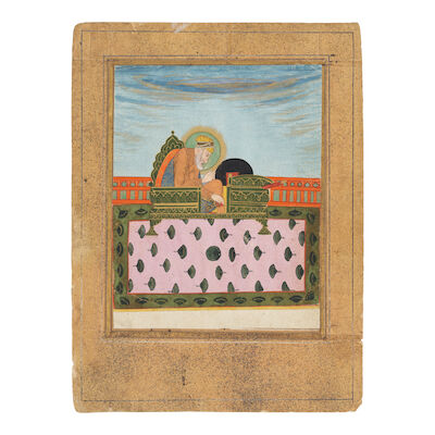 The aged Emperor Aurangzeb enthroned on a carpeted terrace Mughal, mid-18th Century