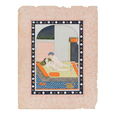A prince and his mistress in an erotic embrace by a palace window, a starry night beyond Kangra, circa 1830-50