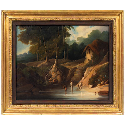 Figures bathing at a ghat with a temple beyond Follower of George Chinnery (British, 1774-1852)