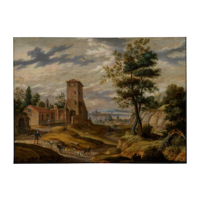 Isaac van Oosten (Anvers 1613-1661) Paysage italien avec une tour de guet, un berger et ses chèvres, Rome à l'horizon