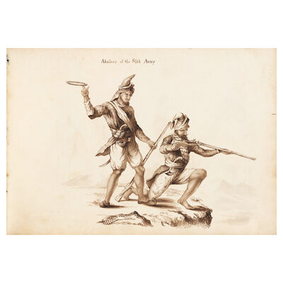 An unusual sketch book of drawings in ink and wash, consisting of accomplished copies of originals by John Leech, Sir John Tenniel, Hablot Knight Browne ('Phiz'), and the illustrators of The Illustrated London News, combining satirical depictions of early Victorian society with depictions of Sikh Ak