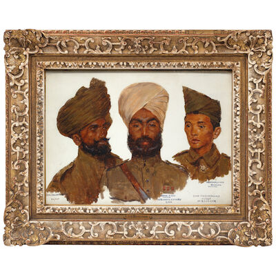 Joseph Félix Bouchor (French, 1853-1937) Portraits of three Indian soldiers stationed at the Indian Army Depot at Daours, on the Somme front, France, in 1916: Sepoy Daulat Khan, Rajput; Natha Singh, Punjabi, of the 12th Bengal Cavalry; and Maninder Singh, a Gurkha
