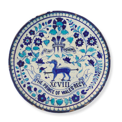 An unusual Multan underglaze-painted pottery dish with the insignia of the 98th Prince of Wales Regiment North India, late 19th Century
