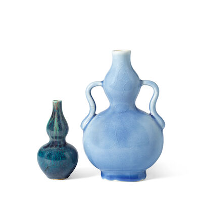 TWO BLUE-GLAZED DOUBLE GOURD VASES The larger with a Qianlong six-character mark, Qing Dynasty (2)
