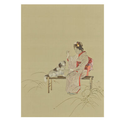 PRODUCED BY NISHIMURA SOZAEMON (1855-1935) OF KYOTO An Embroidered Panel of a Lady and Her Dog Meiji period