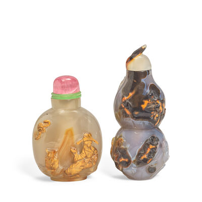 AN AGATE DOUBLE GOURD SNUFF BOTTLE AND AN AGATE FIGURAL SNUFF BOTTLE 19th century (4)