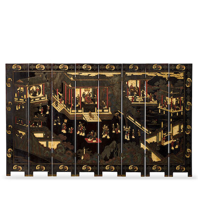 AN EIGHT-PANEL DOUBLE-SIDED 'COROMANDEL' LACQUER SCREEN Cyclically dated to the Bingwu year of the Qianlong reign, corresponding to 1786 and of the period (8)