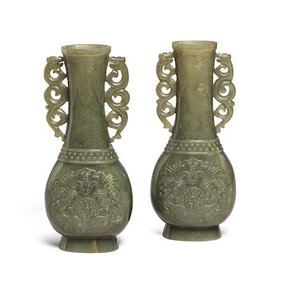 A PAIR OF GREEN JADE VASES 19th century (2)