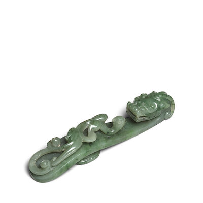 A LARGE SPINACH JADE BELT HOOK 19th century