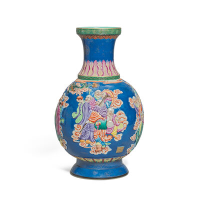 A FAMILLE ROSE MOULDED 'EIGHTEEN LUOHAN' VASE Qianlong six-character mark, 20th century