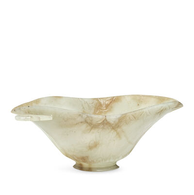 A MUGHAL-STYLE PALE GREEN AND RUSSET JADE LEAF-SHAPED POURING VESSEL 18th/19th century