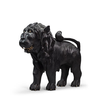 An ivory-inlaid carved ebony lion Sri Lanka, 19th Century