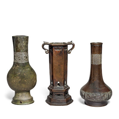 A GROUP OF THREE BRONZE VASES Ming Dynasty; the compressed pear-shaped vase dated 1437 (3)