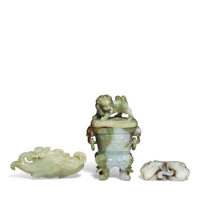 A GROUP OF JADE AND JADEITE CARVINGS The incense burner, late Qing/Republic period; the carvings, 18th/19th century (5)
