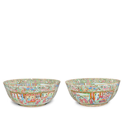 A PAIR OF MASSIVE CANTON FAMILLE ROSE PUNCH BOWLS 19th century (4)