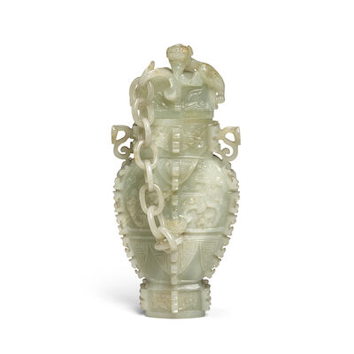 A VERY PALE GREEN JADE ARCHAISTIC VASE AND COVER, FANGLEI Late Qing Dynasty/Republic period