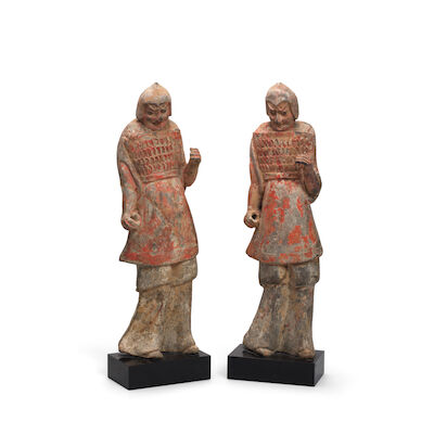 A PAIR OF PAINTED GREY POTTERY FIGURES OF WARRIORS Northern Wei Dynasty (2)